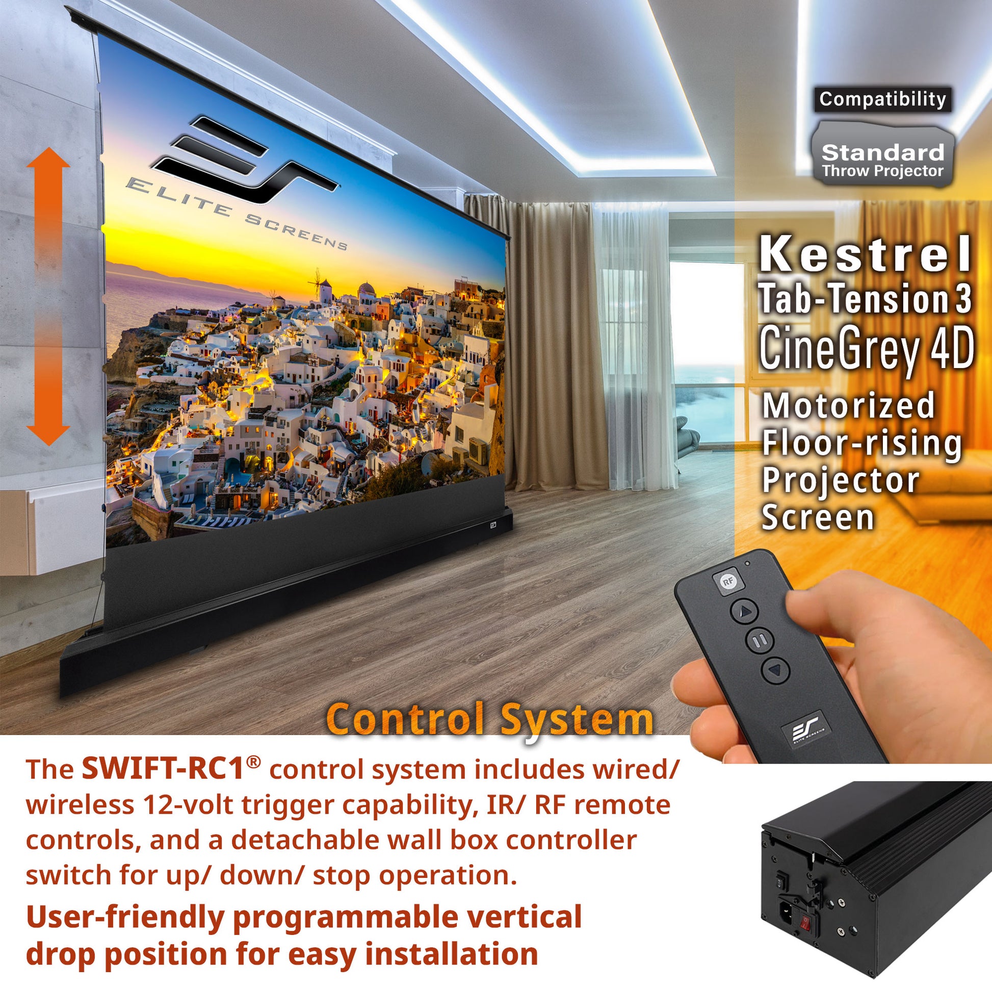 Motorized floor-rising projector screen with remote control and compatibility details.