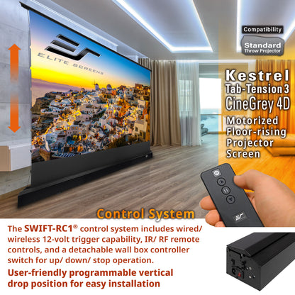 Motorized floor-rising projector screen with remote control and compatibility details.