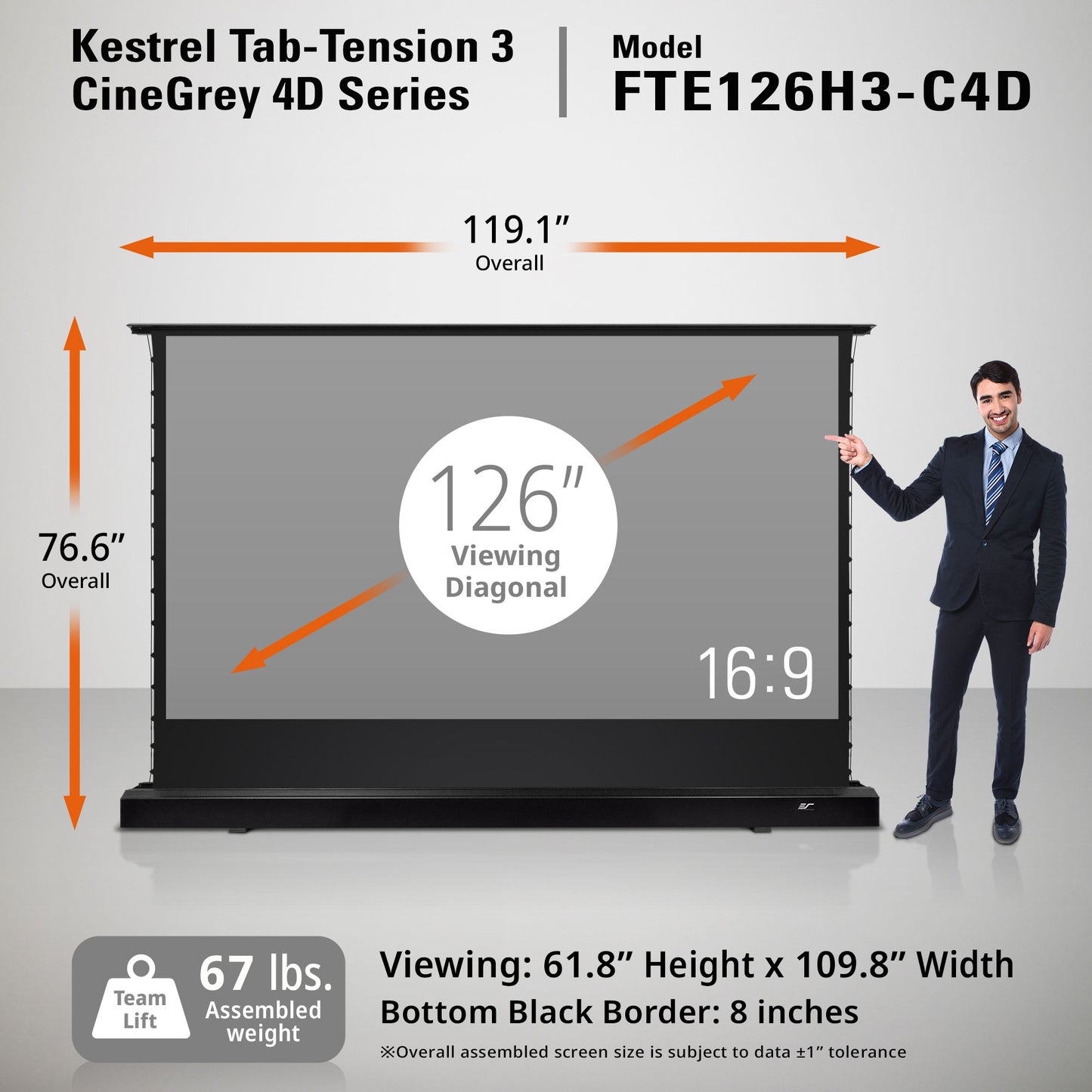 Kestrel Tab-Tension 3 CineGrey 4D Series screen with dimensions and a person for scale.