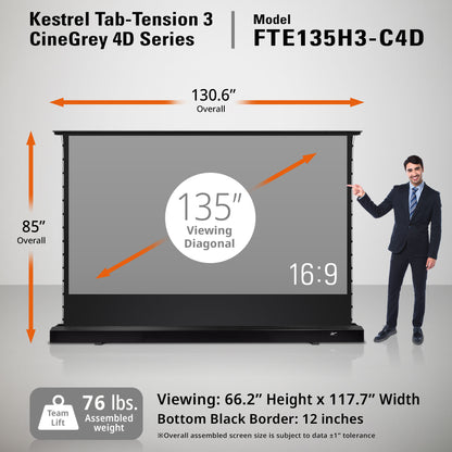 Kestrel Tab-Tension 3 CineGrey 4D Series screen with dimensions and a person for scale on a gray background