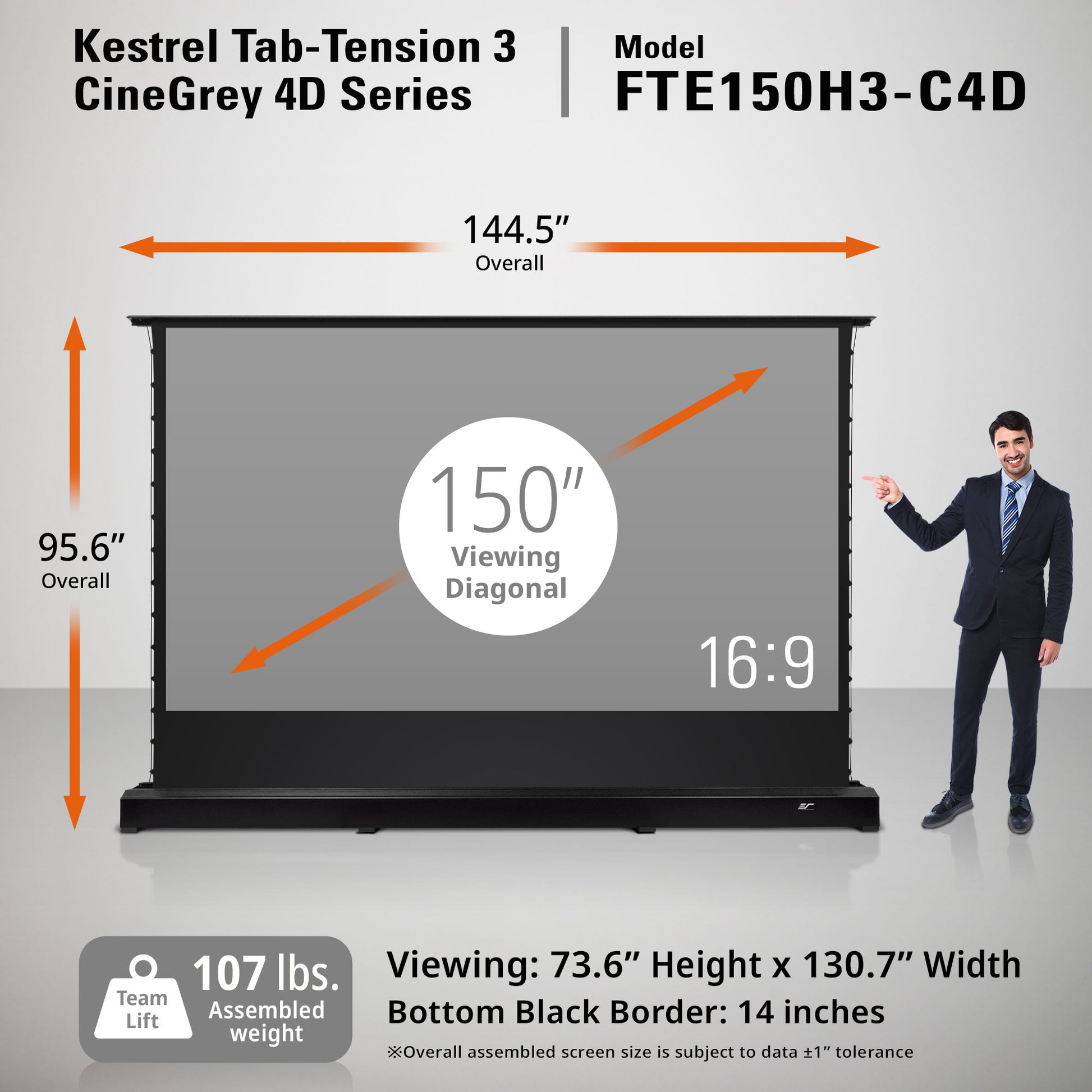 Kestrel Tab-Tension 3 CineGrey 4D Series screen with dimensions and a person for scale on a gray background