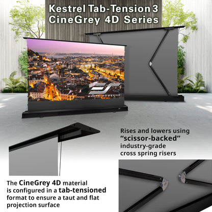 Kestrel Tab-Tension 3 CineGrey 4D Series outdoor projector screen with cityscape display.