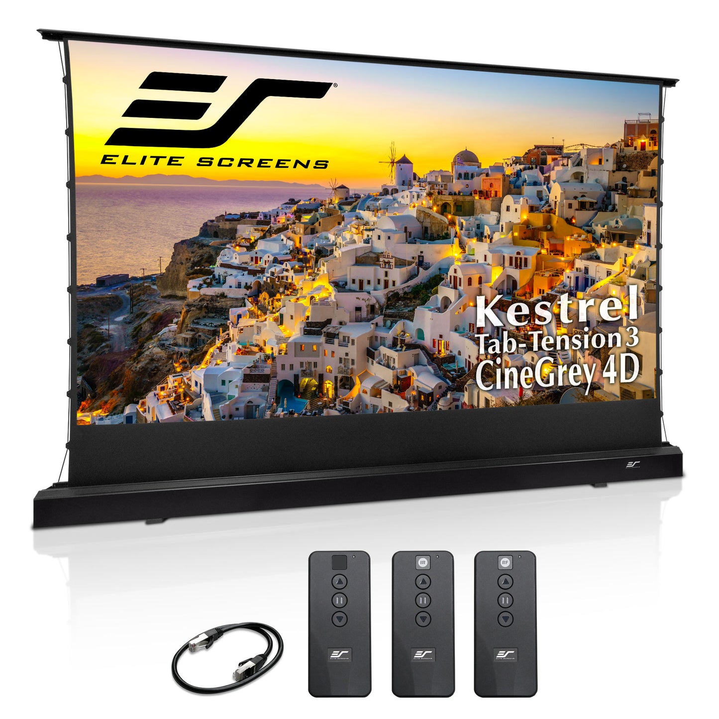 Elite Screens Kestrel tab-tension3 CineGrey 4D projector screen with remote controls and cable on a white background