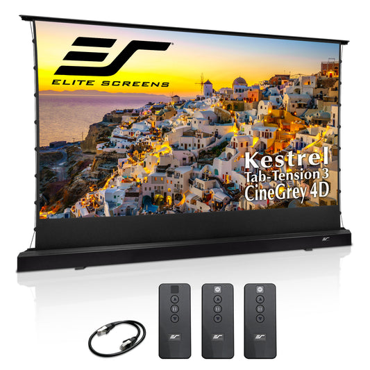 Elite Screens Kestrel tab-tension3 CineGrey 4D projector screen with remote controls and cable on a white background