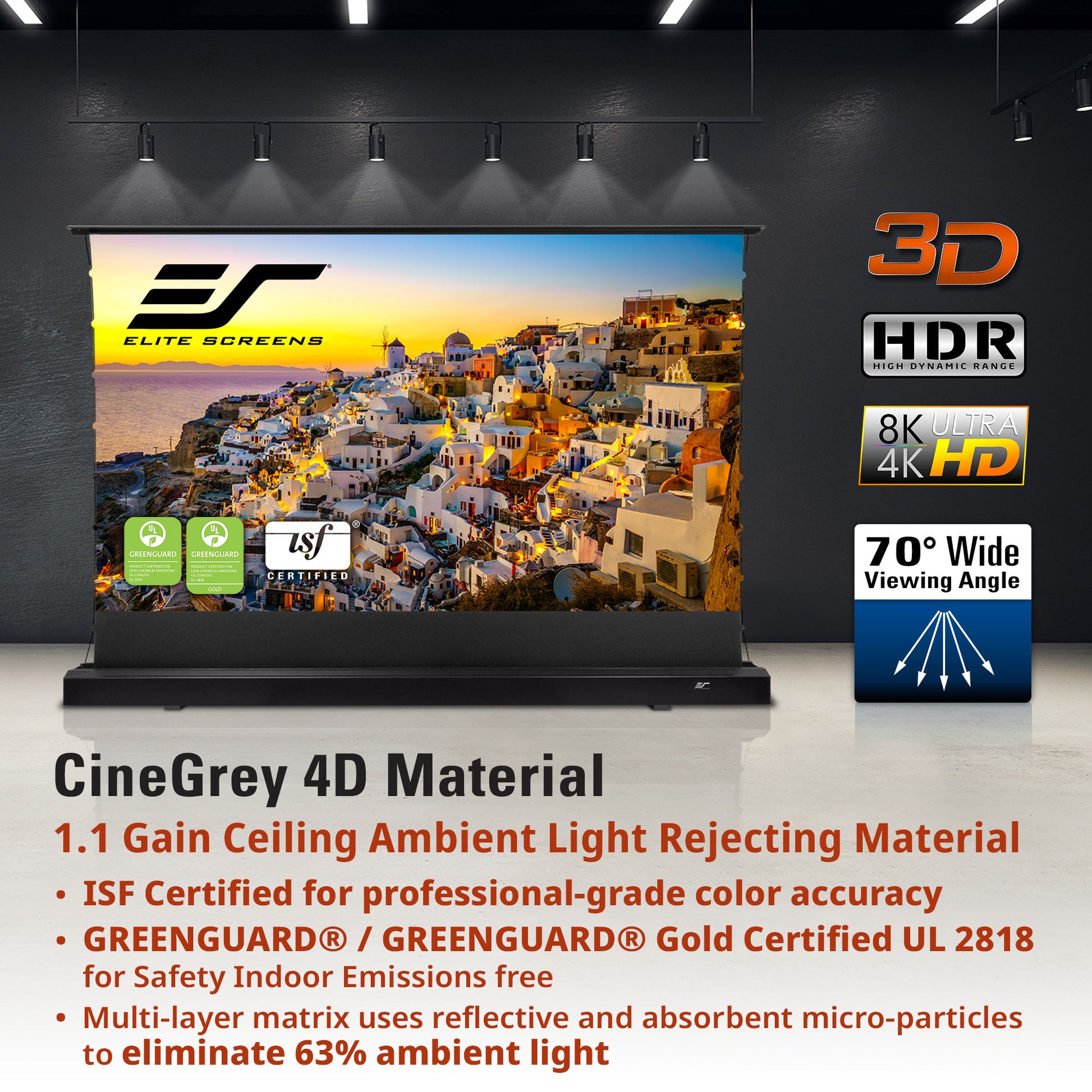 Elite Screens CineGray 4D Material display with 3D, HDR, 8K, 4K, HD, and 70° wide viewing angle features.