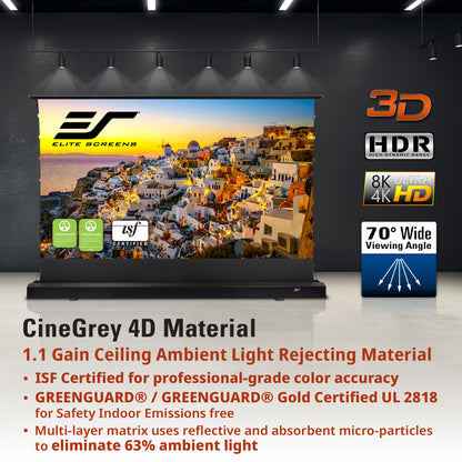 Elite Screens CineGray 4D Material display with 3D, HDR, 8K, 4K, HD, and 70° wide viewing angle features.