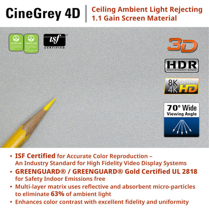 CineGrey 4D screen material with certification logos and features listed on a gray background.