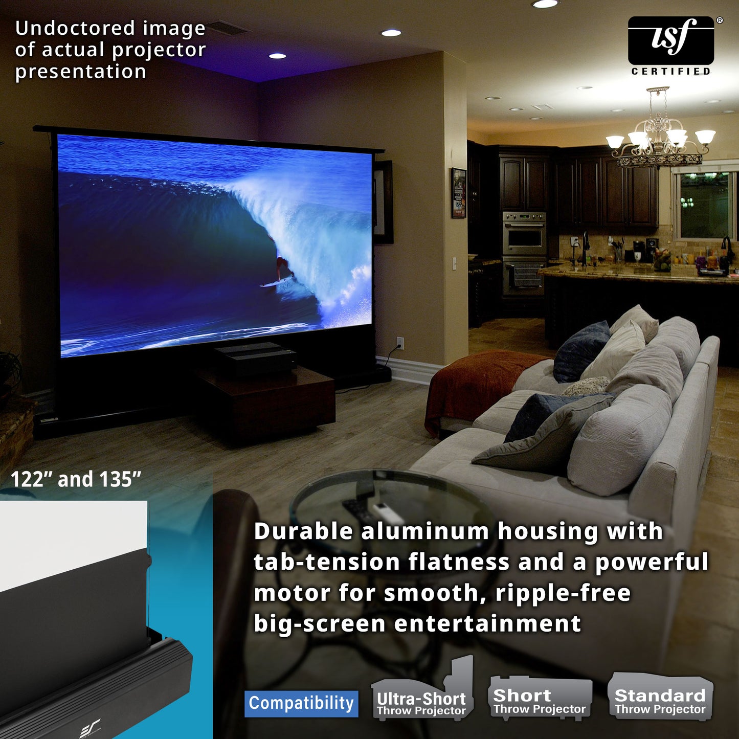 Living room with a large screen displaying a wave, featuring a projector and text about projector types.