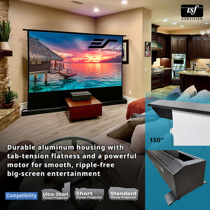 Home theater setup with a large projection screen displaying a scenic image, surrounded by furniture and decor.