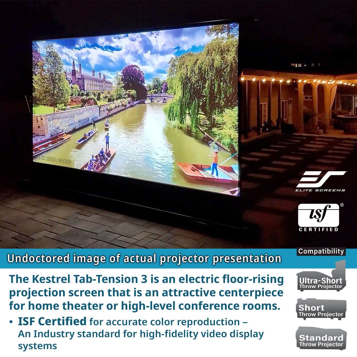 Outdoor setting with a large screen displaying a scenic river view, featuring Elite Screens and ISF logos.