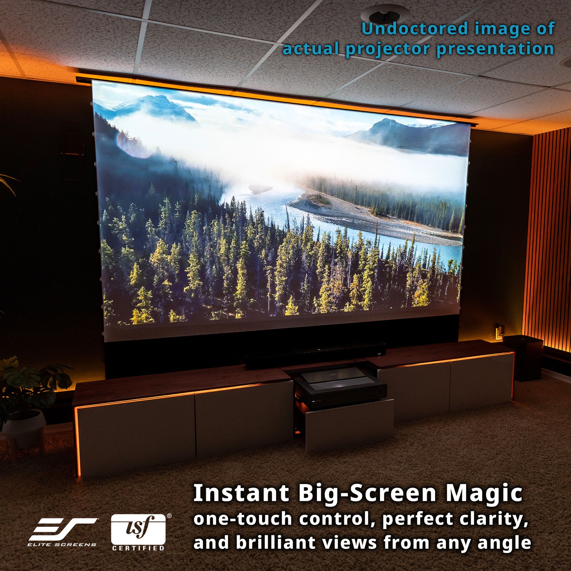 Projector screen displaying a scenic view with 'Elite Screens' and 'TSF Certified' branding.