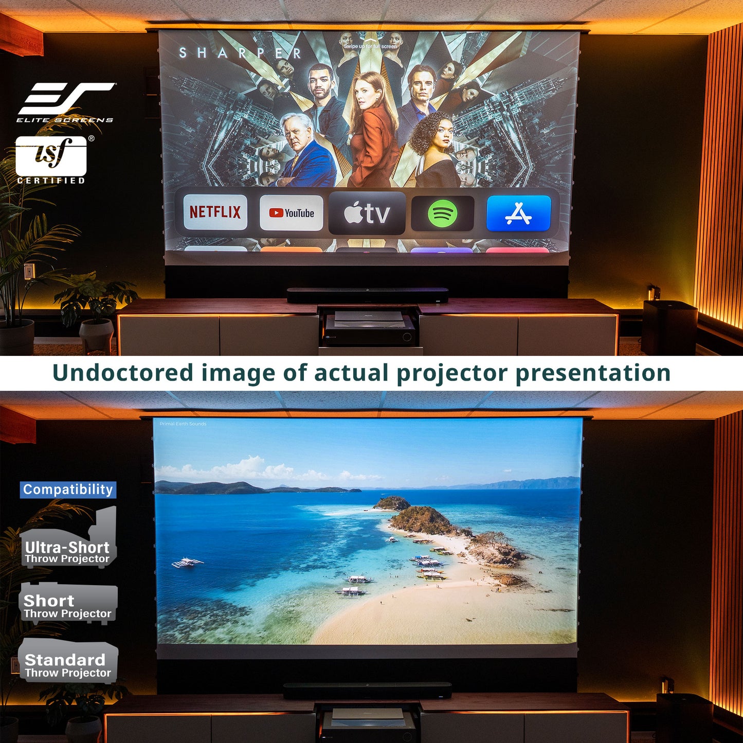Projector screen displaying a movie scene with streaming app icons and a beach scene.