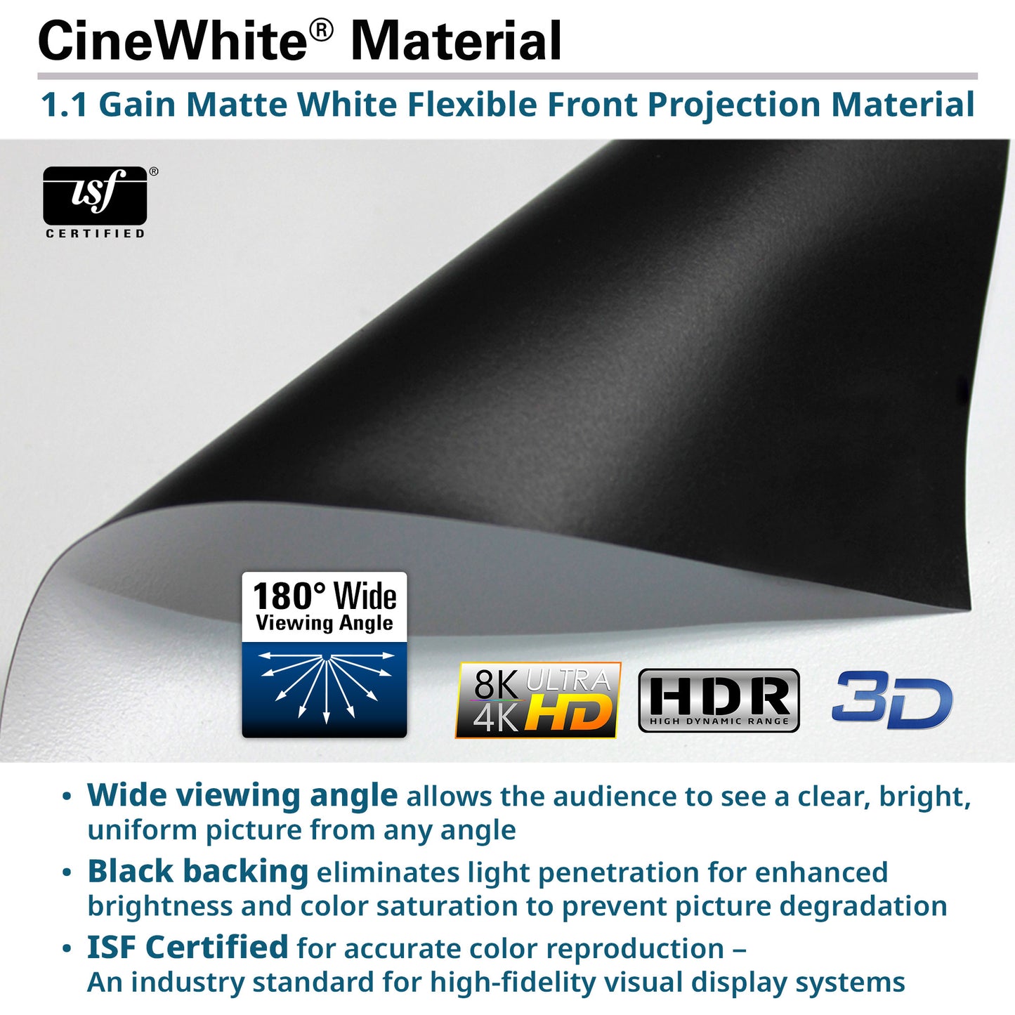 CineWhite material for flexible front projection with ISF certification and features listed.