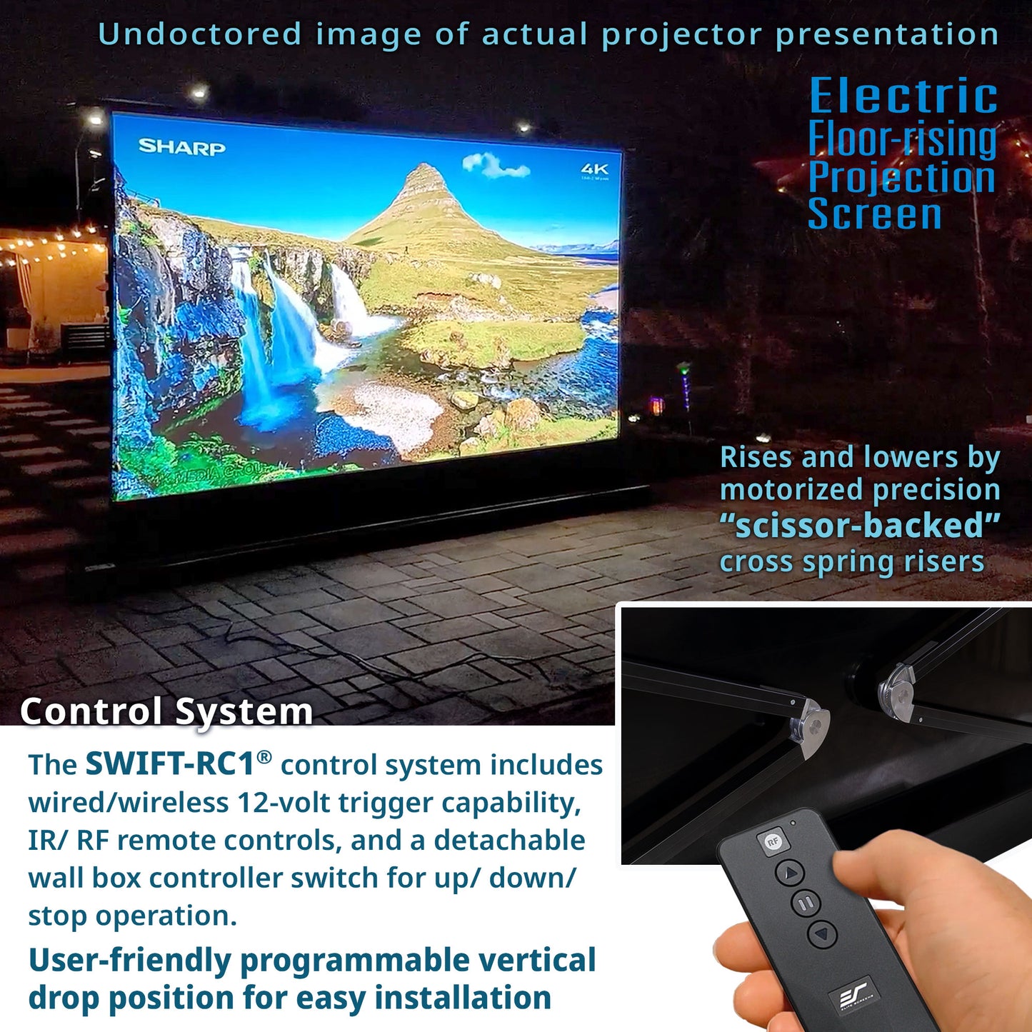 Sharp projector screen with electric floor-raising feature and control system details.