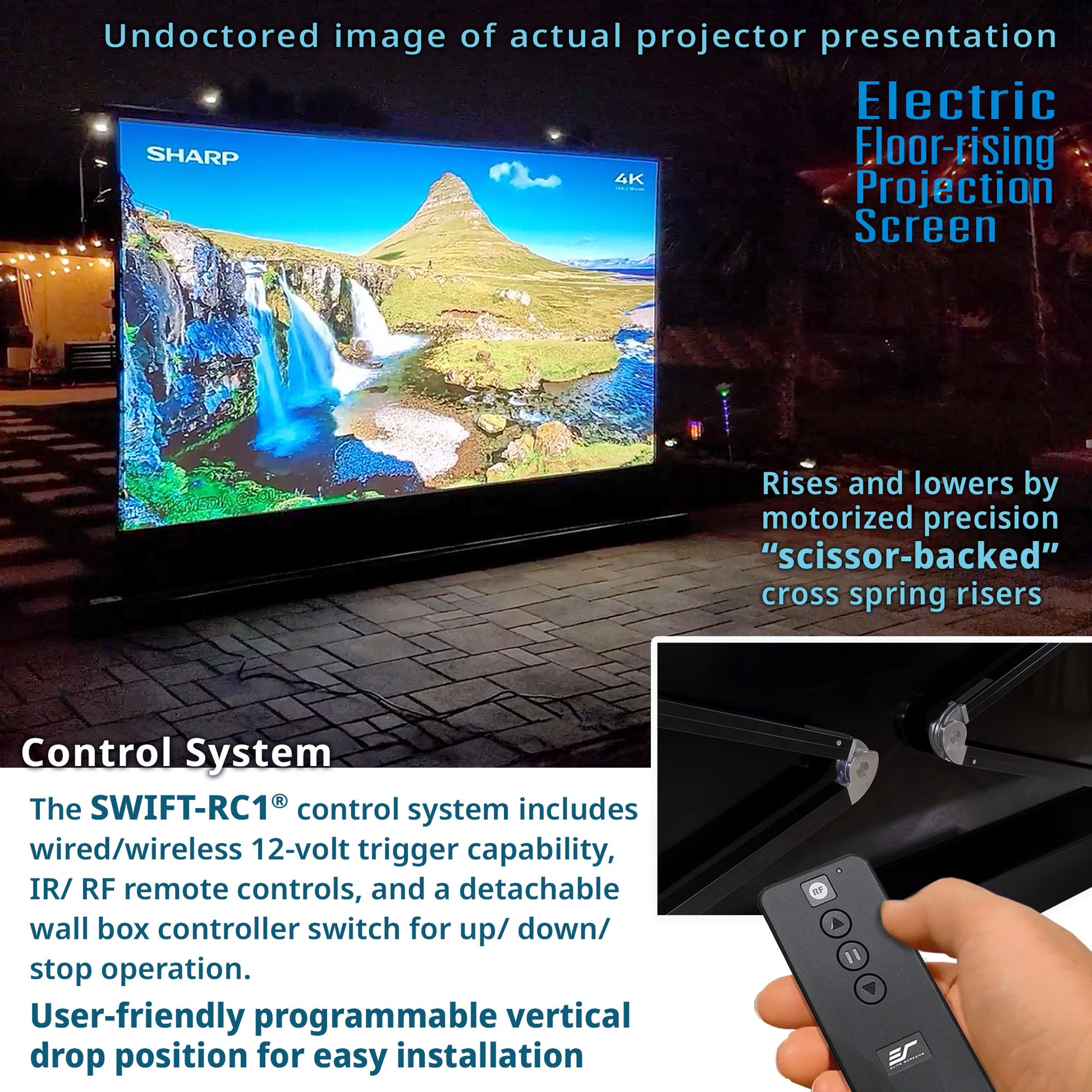 Sharp projector screen with electric floor-raising feature and control system details.