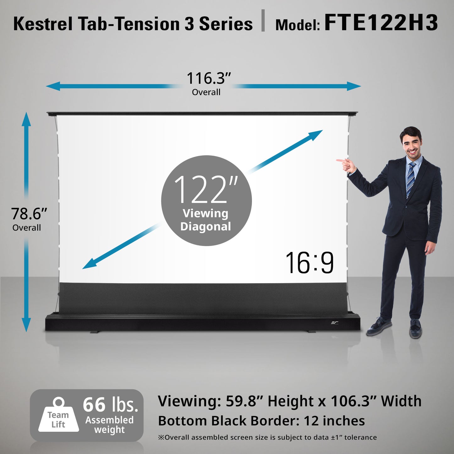 Kestrel Tab-Tension 3 Series screen with dimensions and a person for scale on a gray background