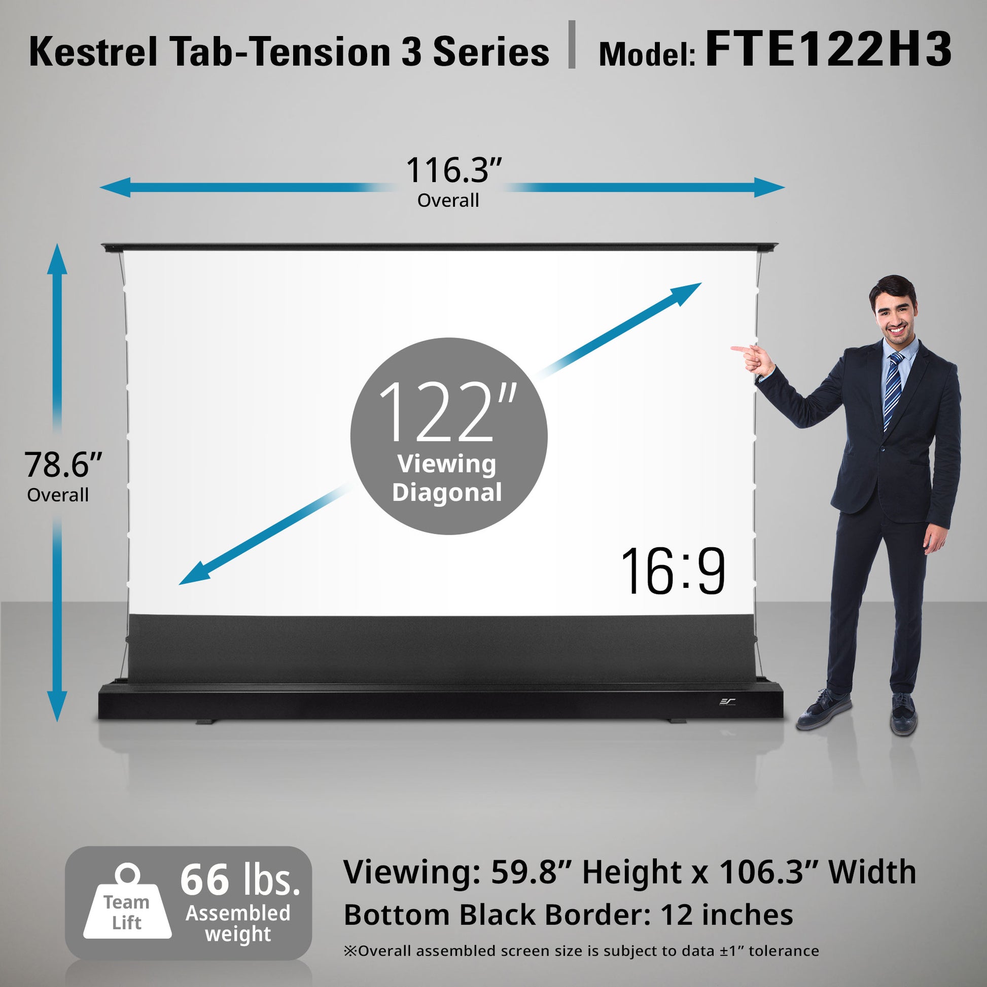 Kestrel Tab-Tension 3 Series screen with dimensions and a person for scale on a gray background
