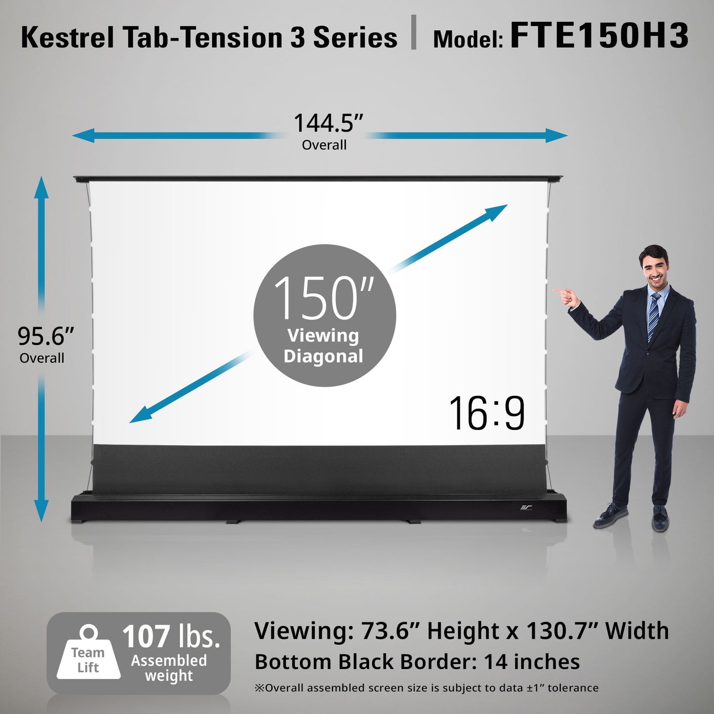 Kestrel Tab-Tension 3 Series screen with dimensions and features displayed, including a person for scale.