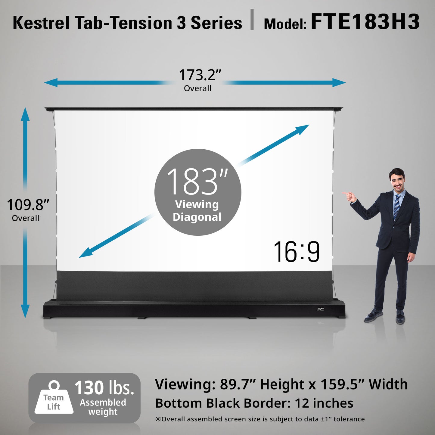 Kestrel Tab-Tension 3 Series screen with dimensions and a person for scale on a gray background