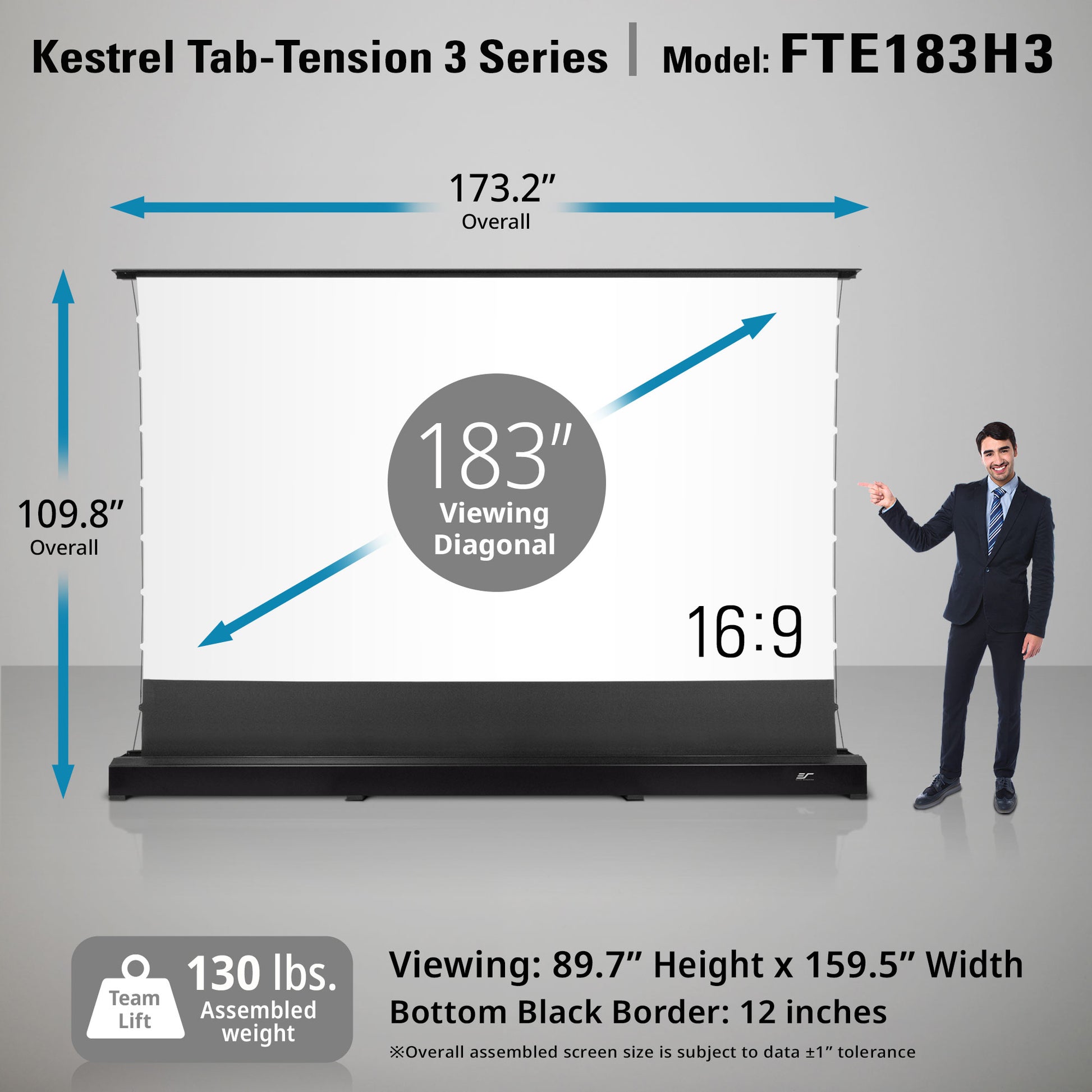 Kestrel Tab-Tension 3 Series screen with dimensions and a person for scale on a gray background