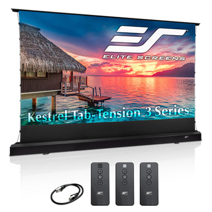 Elite Screens Kestrel Tab-Tension 3 Series projector screen with remote controls and cable on a white background