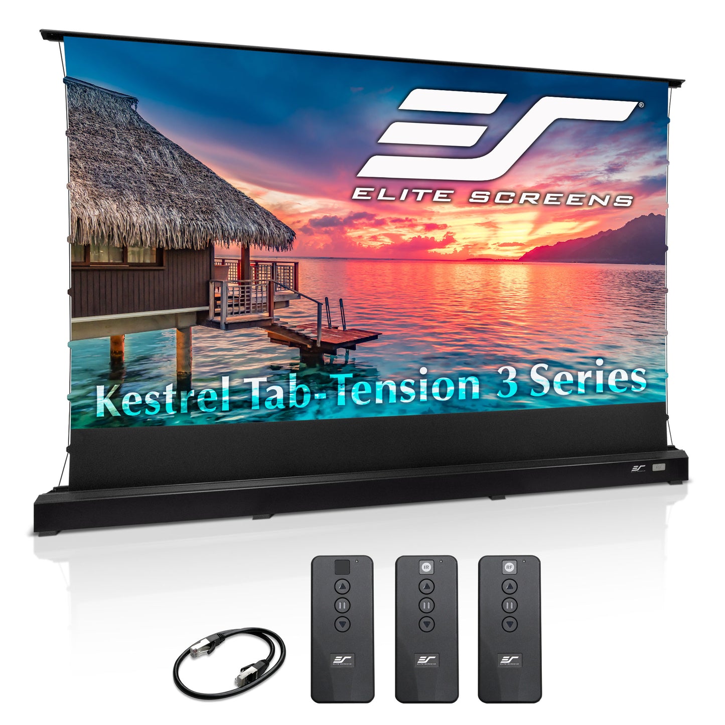 Elite Screens Kestrel Tab-Tension 3 Series projection screen with remote controls and cable on a white background