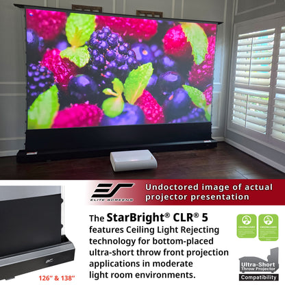 Projector screen displaying colorful projection in a room with Elite Screens branding.