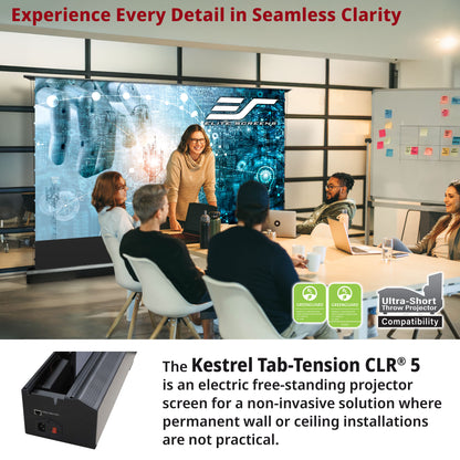 People in a meeting room with a large screen displaying a logo, featuring the Kestrel Tab-Tension CLR 5 projector screen.
