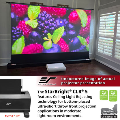 Projector screen displaying colorful projection in a room with Elite Screens branding.