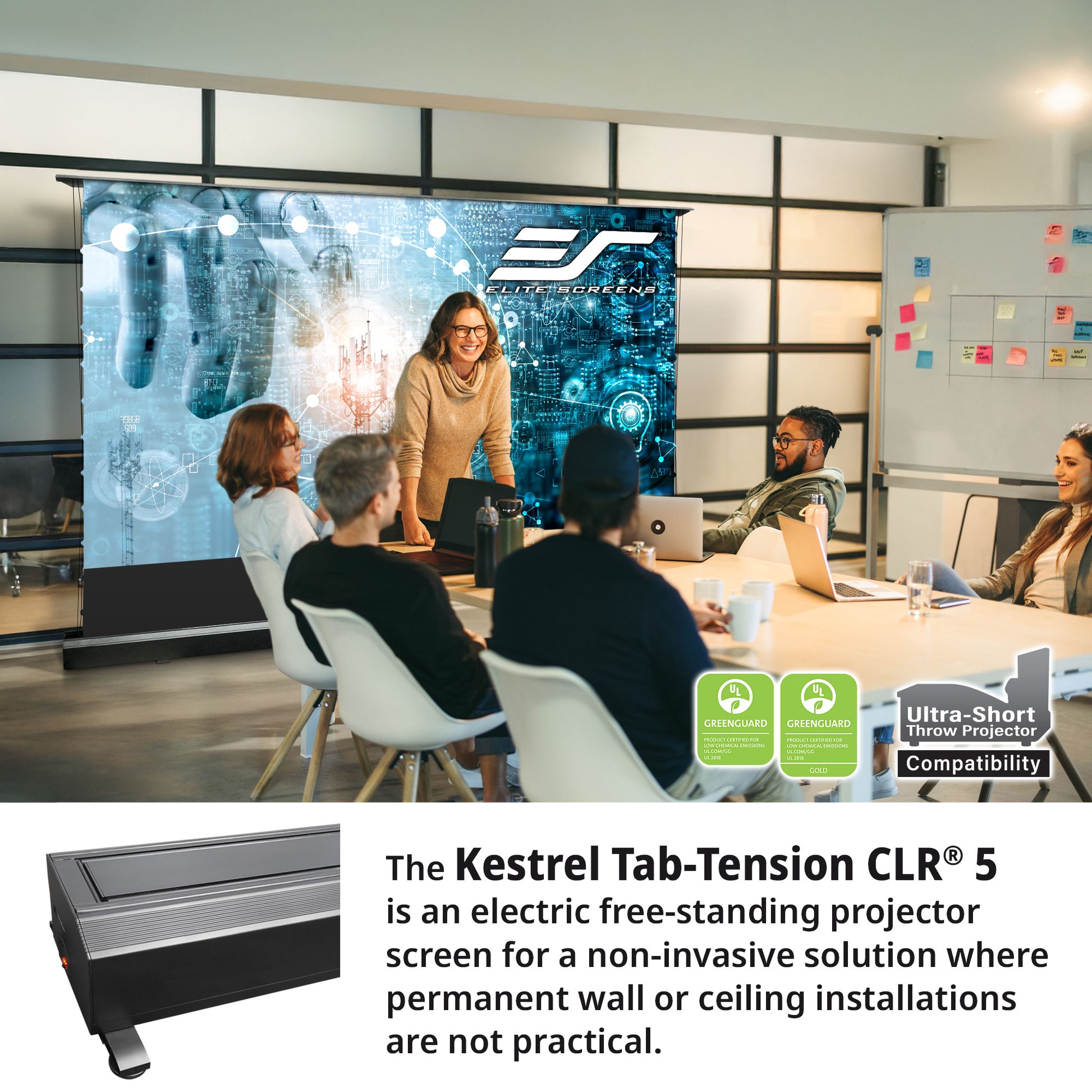 People in a meeting room with a large screen displaying Kestrel Tab-Tension CLR 5, an electric free-standing projector screen.