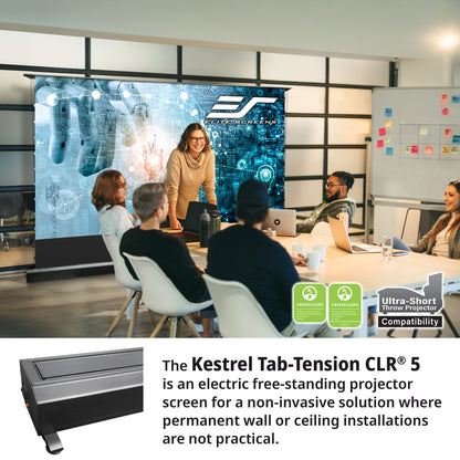 People in a meeting room with a large screen displaying Kestrel Tab-Tension CLR 5, an electric free-standing projector screen.