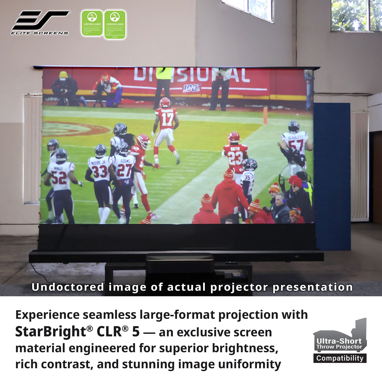Projector screen displaying a football game with Elite Screens branding.