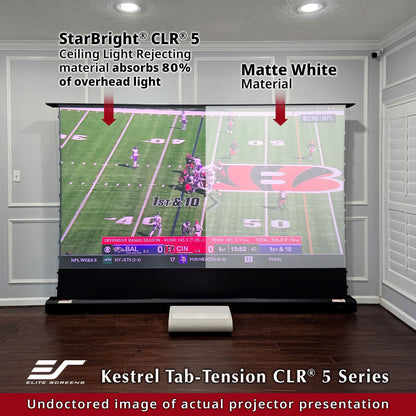 Projector screen with a football game displayed, featuring StarBright CLR 5 ceiling light rejecting material.