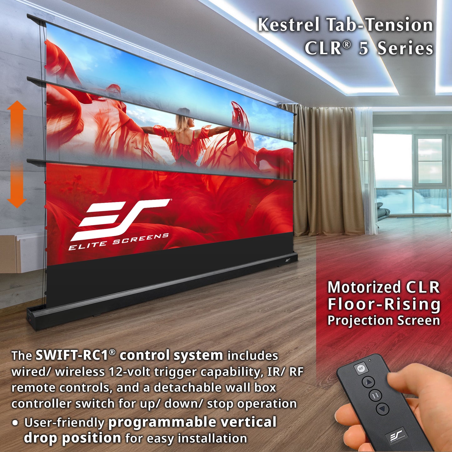 Motorized CLR floor-rising projection screen with Elite Screens branding and remote control.