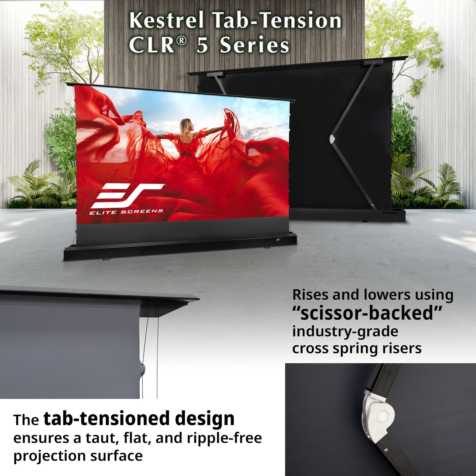Elite Screens Kestrel Tab-Tension CLR 5 Series outdoor screen with red fabric and brand logo.