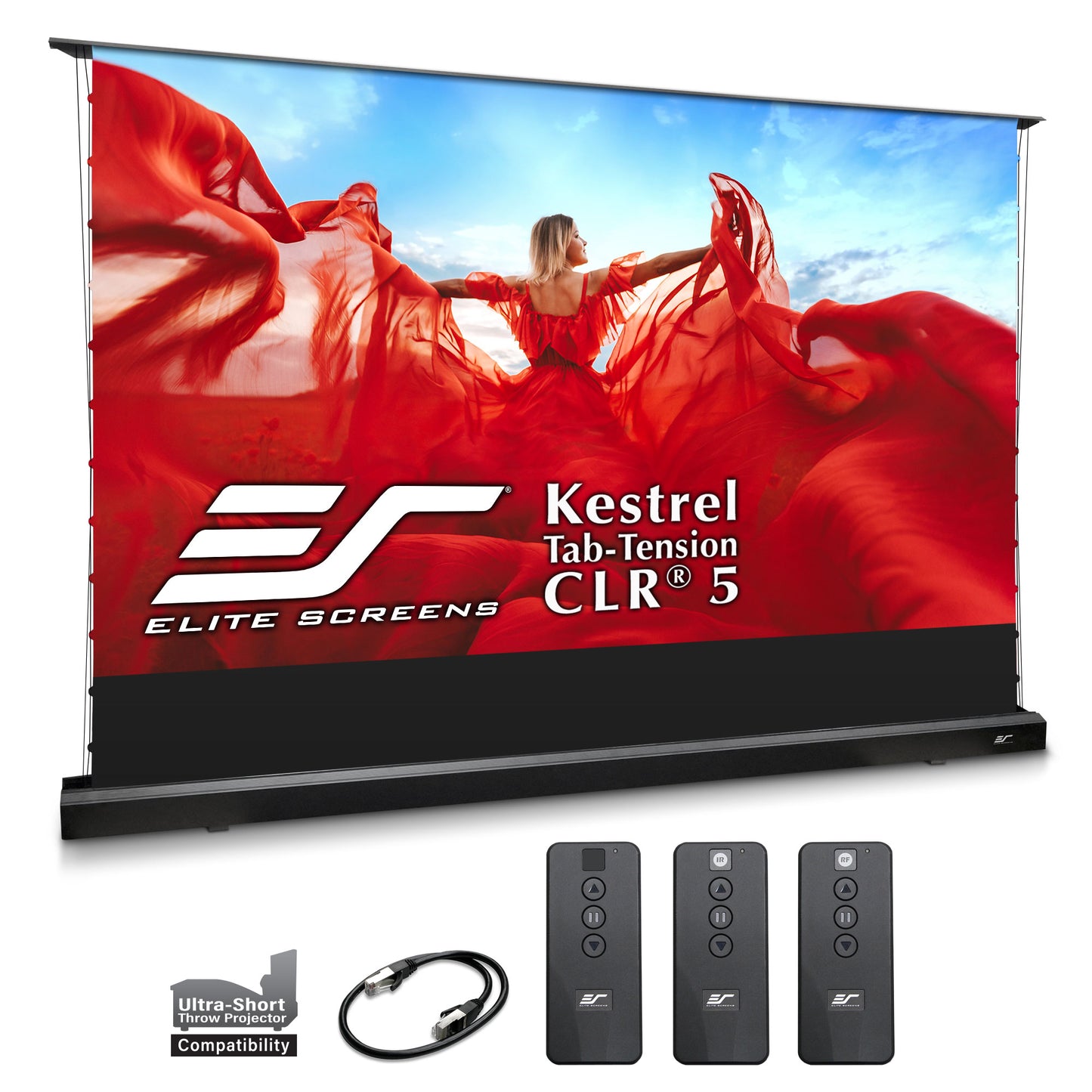 Elite Screens Kestrel Tab-Tension CLR 5 126" & 138" projector screen with remote controls and cable on a white background