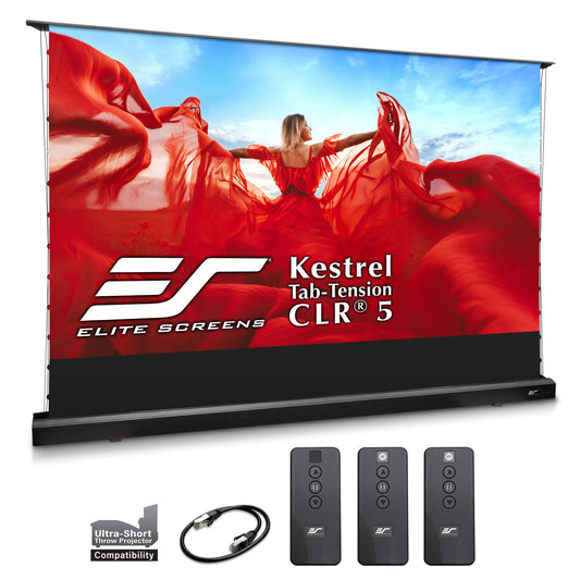 Elite Screens Kestrel Tab-Tension CLR 5 126" & 138" projector screen with remote controls and cable on a white background