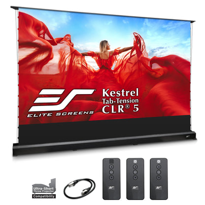 Elite Screens Kestrel Tab-Tension CLR 5 projector screen with remote controls and cable on a white background