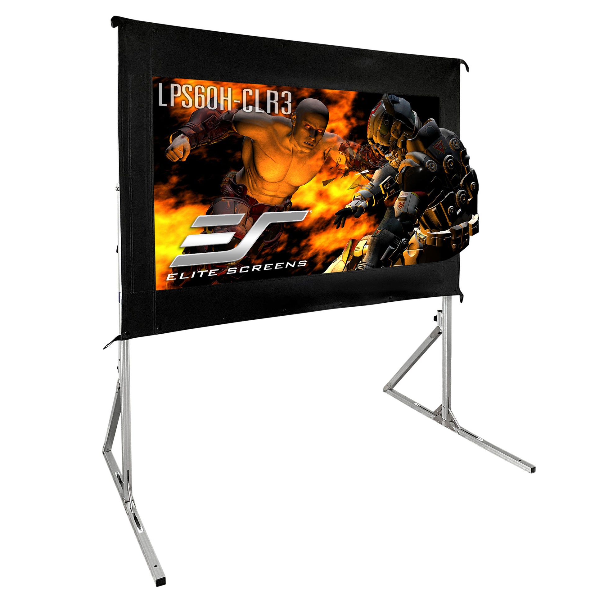 Outdoor projector screen with Elite Screens branding and display on a stand.