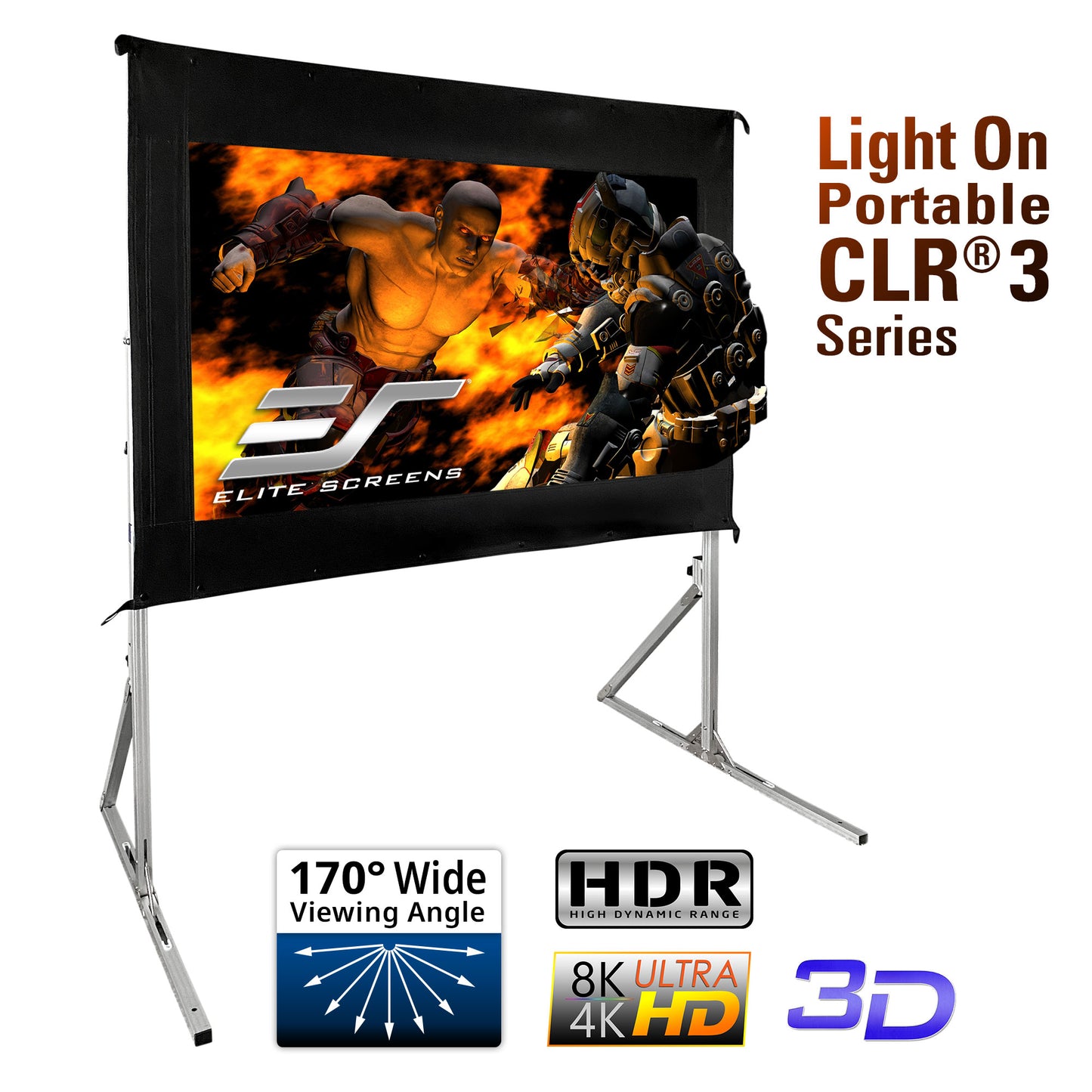 Portable outdoor movie screen with Elite Screens branding and features on a white background