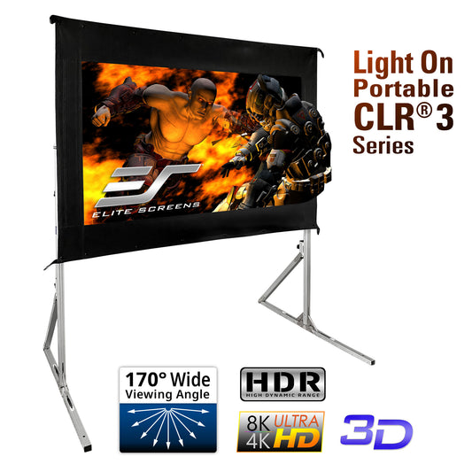Portable outdoor movie screen with Elite Screens branding and features on a white background