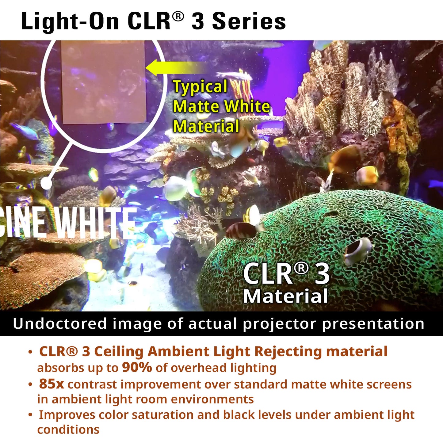 Reef aquarium with CLR 3 material showing improved color saturation and black levels under ambient light.