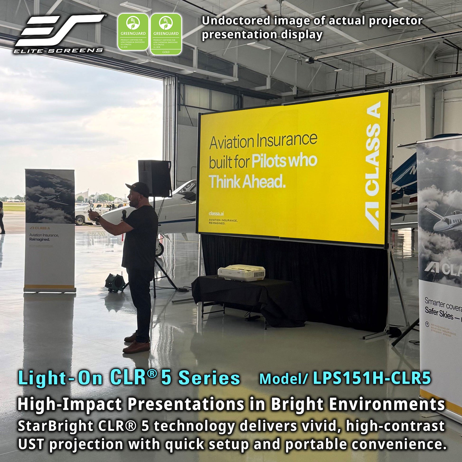 Projector screen display with 'Aviation Insurance' advertisement in an airport setting.