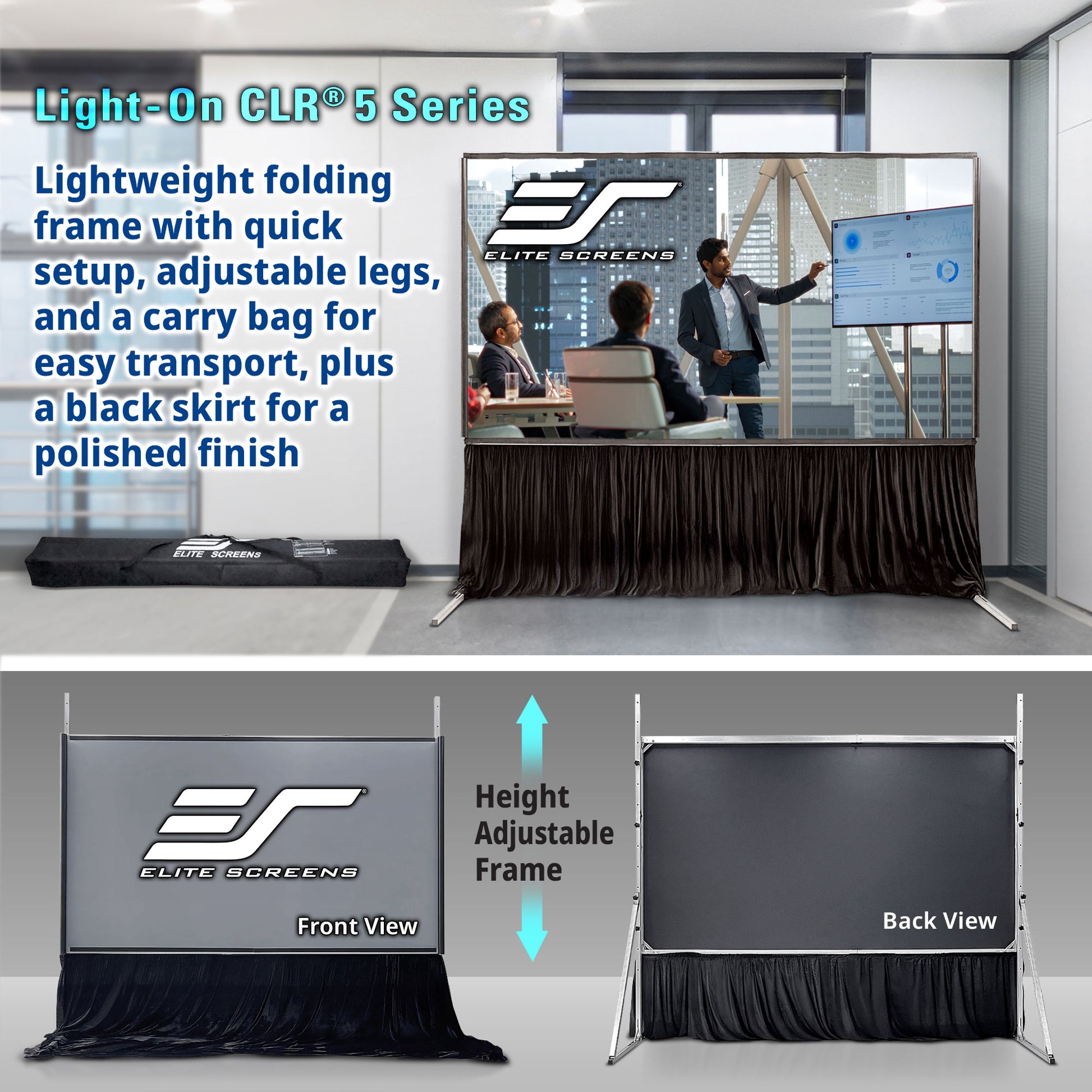 Elite Screens Light-On CLR 5 Series projector screen with setup instructions and product features.