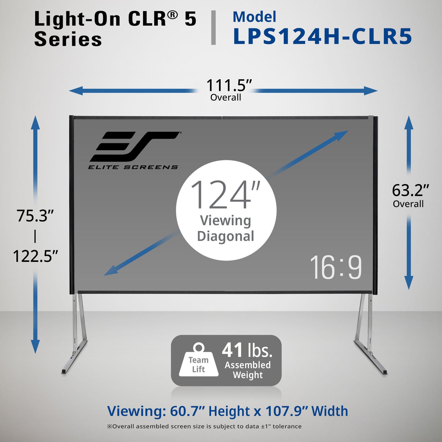 Elite Screens Light-On CLR 5 Series projection screen with dimensions and specifications. LPS124H-CLR5