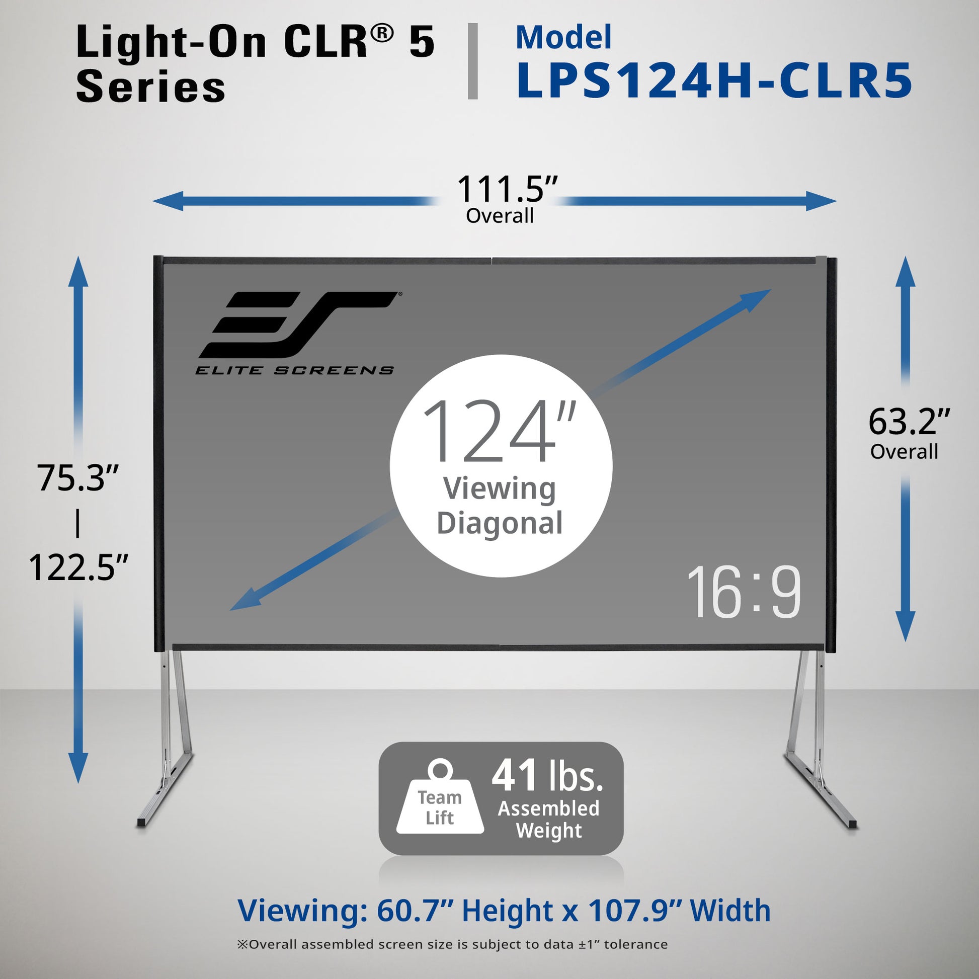 Elite Screens Light-On CLR 5 Series projection screen with dimensions and specifications. LPS124H-CLR5
