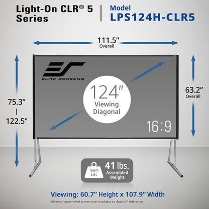Elite Screens Light-On CLR 5 Series projection screen with dimensions and specifications. LPS124H-CLR5