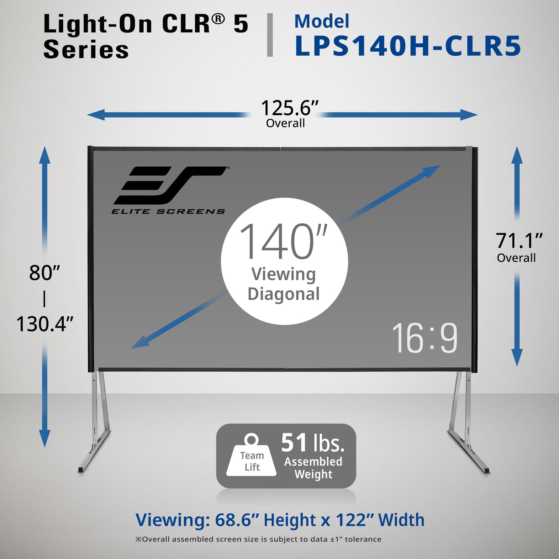Elite Screens Light-On CLR 5 Series model LPS140H-CLR5 with dimensions and specifications.
