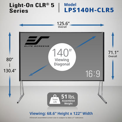 Elite Screens Light-On CLR 5 Series model LPS140H-CLR5 with dimensions and specifications.