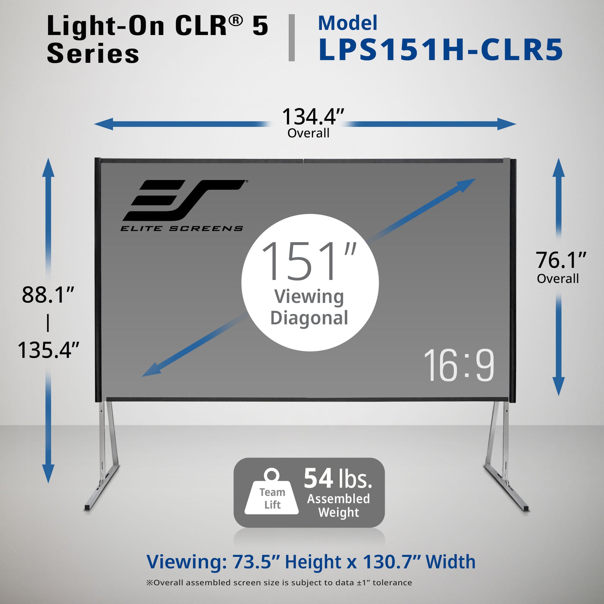 Elite Screens Light-On CLR 5 Series model LPS151H-CLR5 with dimensions and specifications.